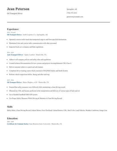 Oil Transport Driver Resume