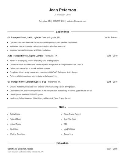 Oil Transport Driver Resume