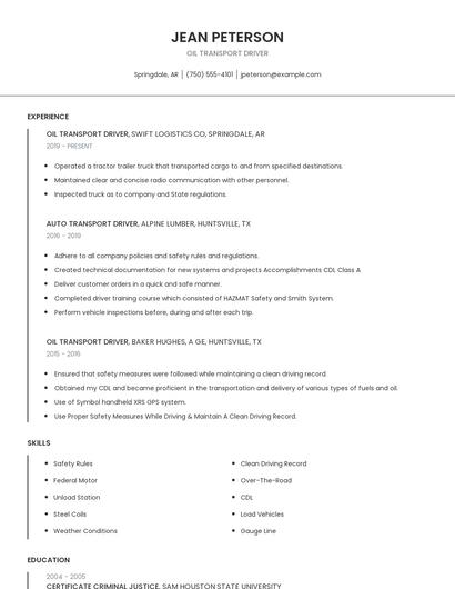 Oil Transport Driver Resume