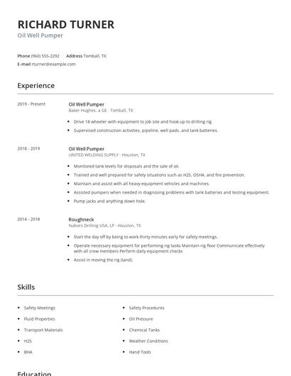 Oil Well Pumper Resume