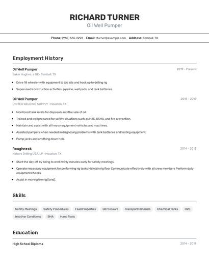 Oil Well Pumper Resume