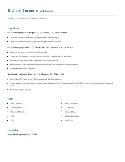 Oil Well Pumper Resume