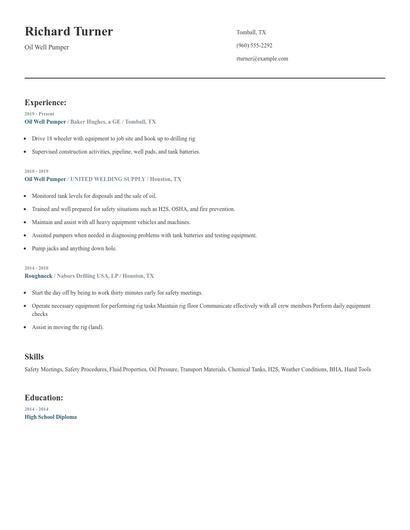 Oil Well Pumper Resume