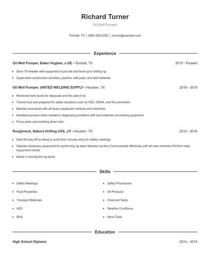 Oil Well Pumper Resume