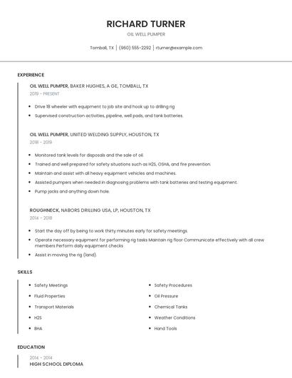 Oil Well Pumper Resume