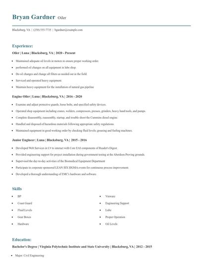 Oiler Resume