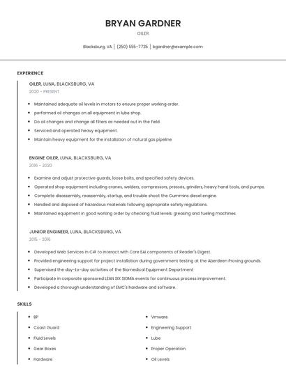 Oiler Resume