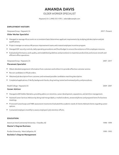 Older Worker Specialist Resume