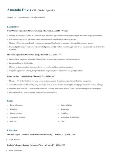 Older Worker Specialist Resume