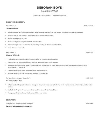 On-Air Director Resume