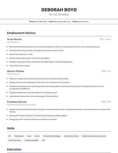 On-Air Director Resume