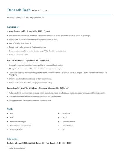 On-Air Director Resume