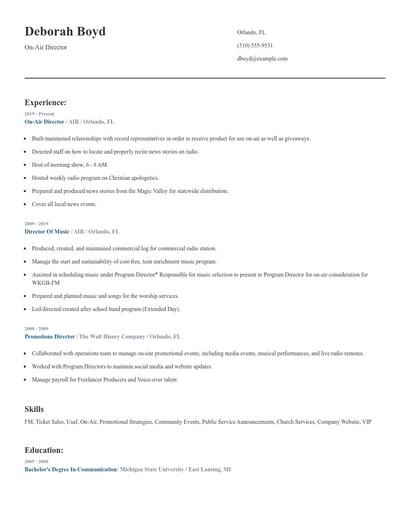 On-Air Director Resume