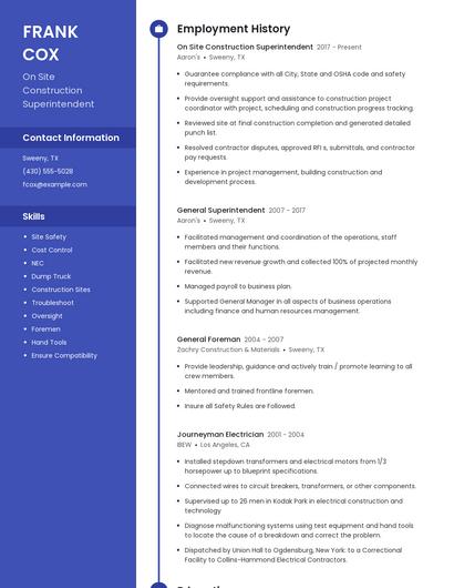 On Site Construction Superintendent Resume
