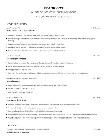 On Site Construction Superintendent Resume
