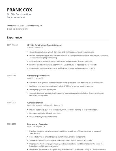 On Site Construction Superintendent Resume