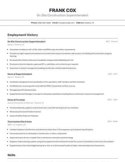On Site Construction Superintendent Resume
