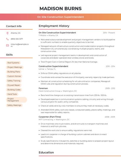 On Site Construction Superintendent Resume