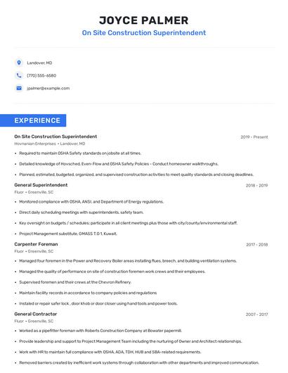 On Site Construction Superintendent Resume