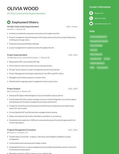 On Site Construction Superintendent Resume