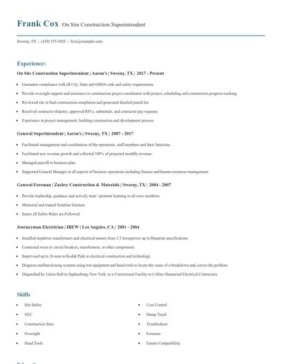 On Site Construction Superintendent Resume