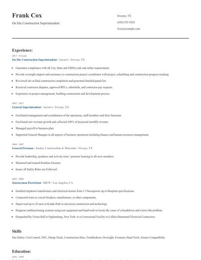 On Site Construction Superintendent Resume