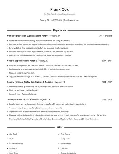 On Site Construction Superintendent Resume