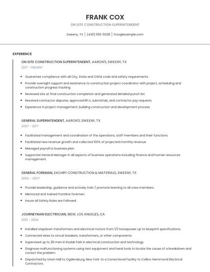 On Site Construction Superintendent Resume