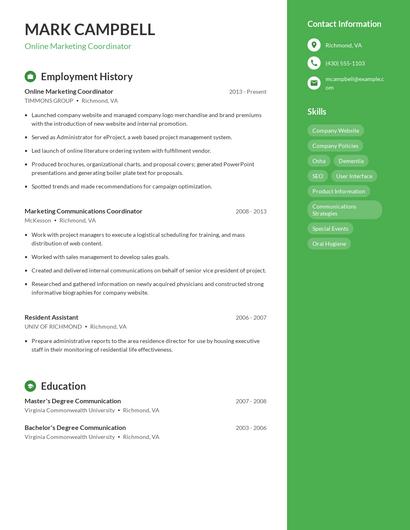 Online Marketing Coordinator Resume