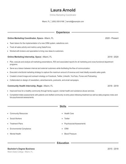 Online Marketing Coordinator Resume