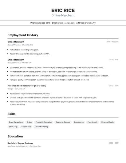 Online Merchant Resume
