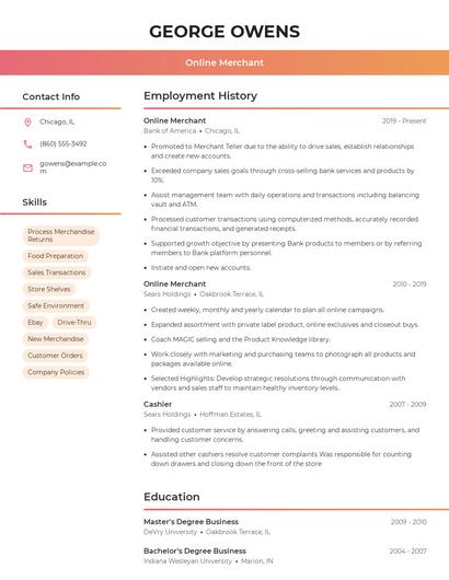 Online Merchant Resume