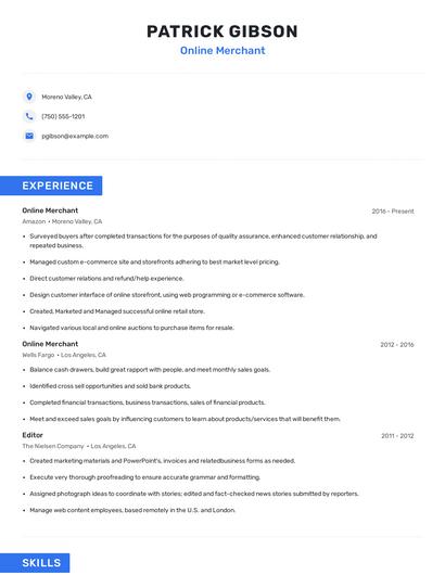 Online Merchant Resume