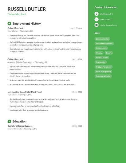 Online Merchant Resume