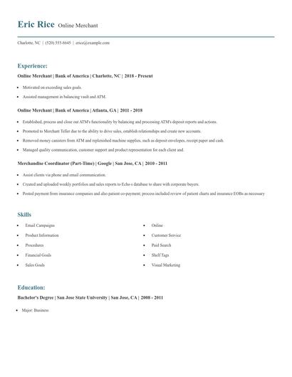 Online Merchant Resume