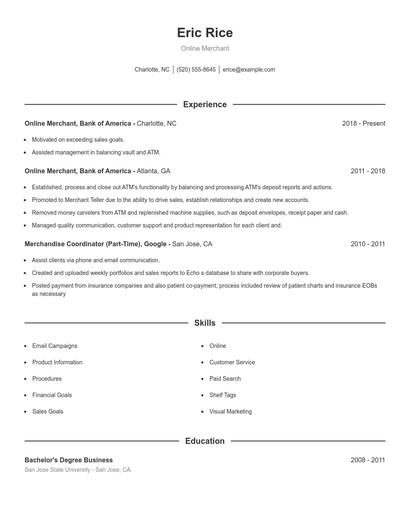 Online Merchant Resume