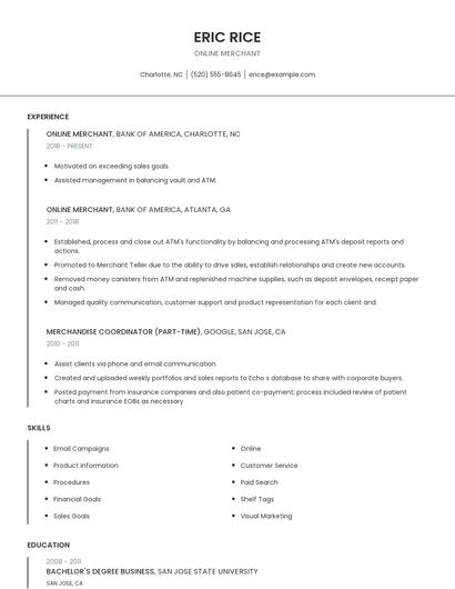 Online Merchant Resume