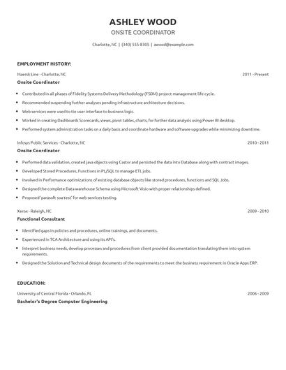 Onsite Coordinator Resume