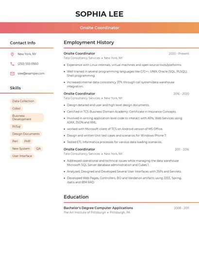 Onsite Coordinator Resume
