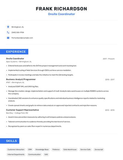Onsite Coordinator Resume