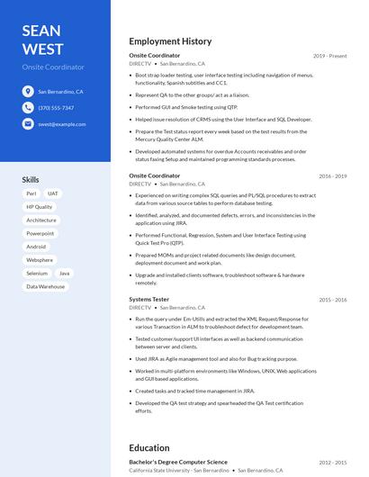 Onsite Coordinator Resume