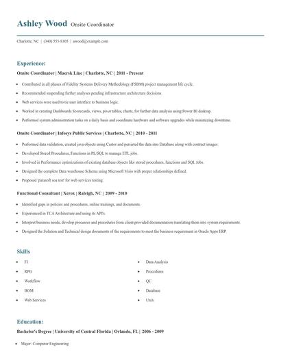 Onsite Coordinator Resume