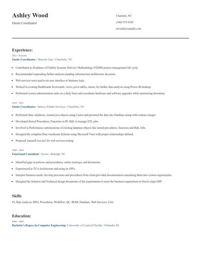 Onsite Coordinator Resume