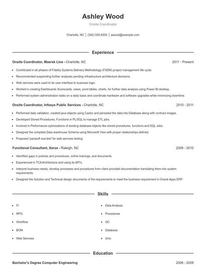 Onsite Coordinator Resume