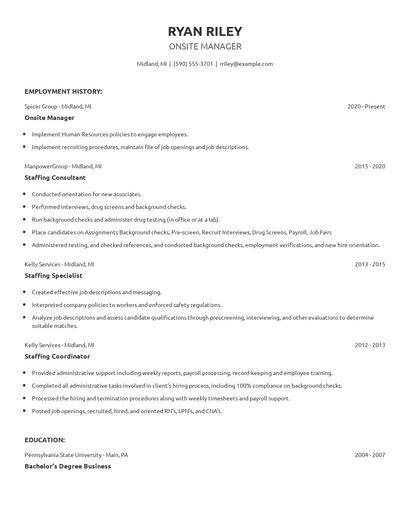Onsite Manager Resume