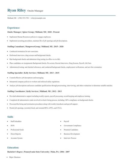 Onsite Manager Resume