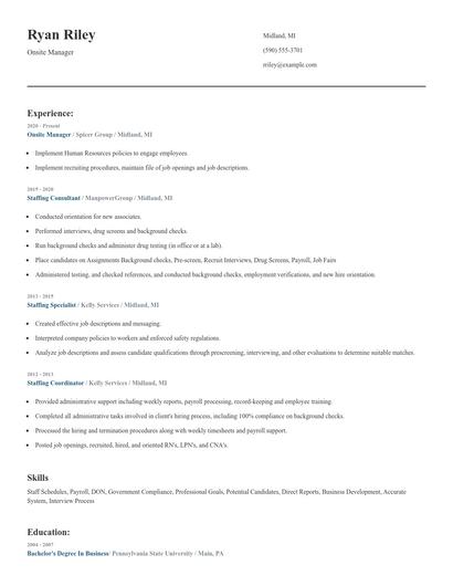 Onsite Manager Resume