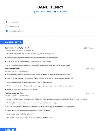 Operational Security Specialist Resume