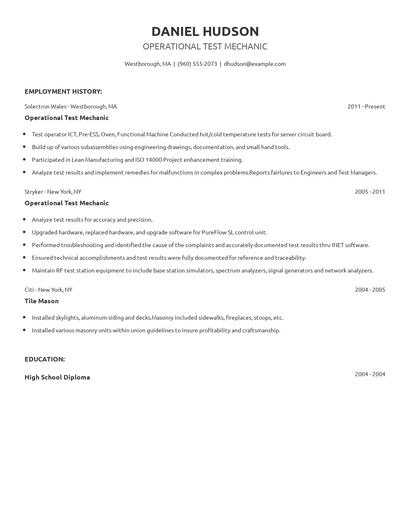 Operational Test Mechanic Resume