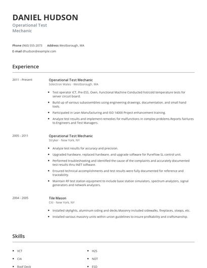 Operational Test Mechanic Resume